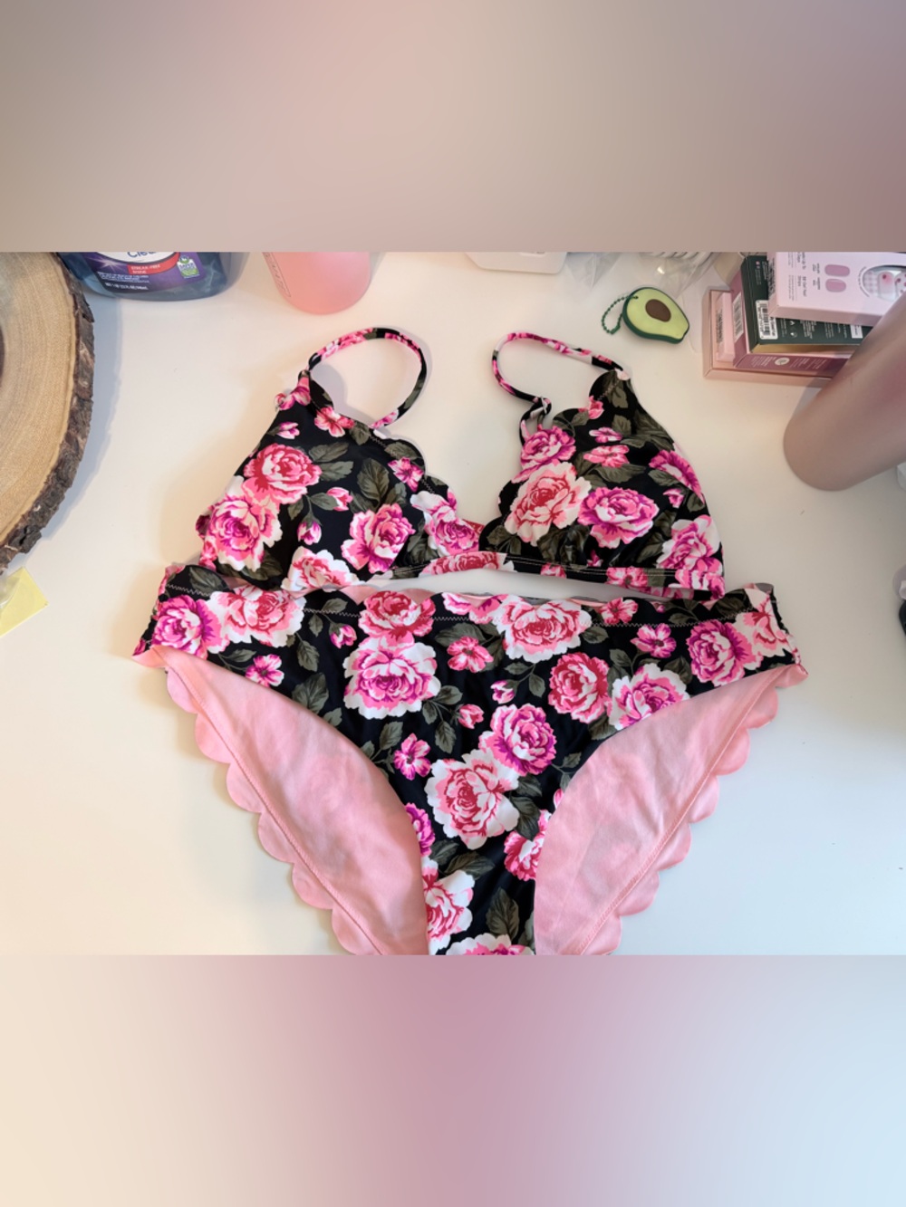 🐣5/$25-SHEIN Black Floral Pink Scalloped Bikini Set